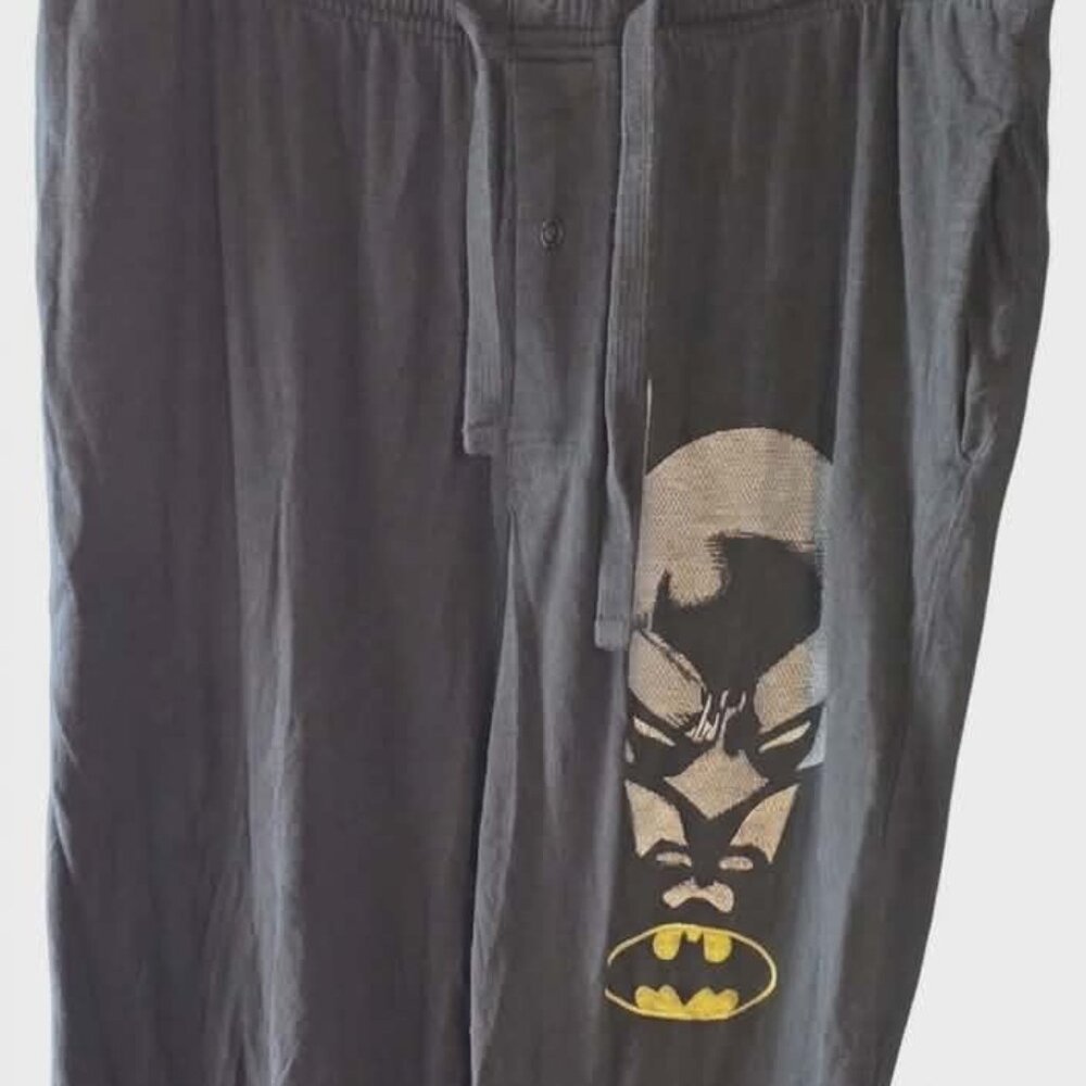 Batman Pajama Pants Black With Embroidered Face and Logo on Leg XL